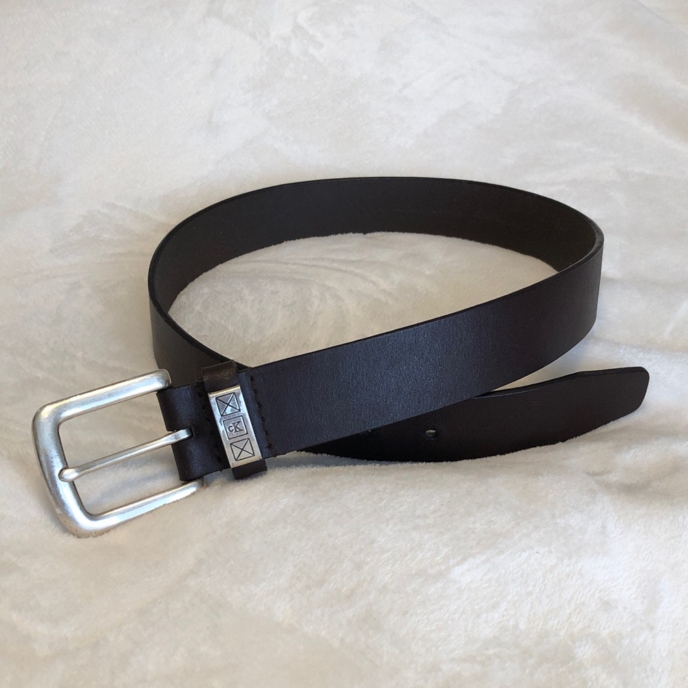 Calvin Klein Genuine Brown Leather Belt, Silver Buckle & Keeper w/cK Logo, Small
